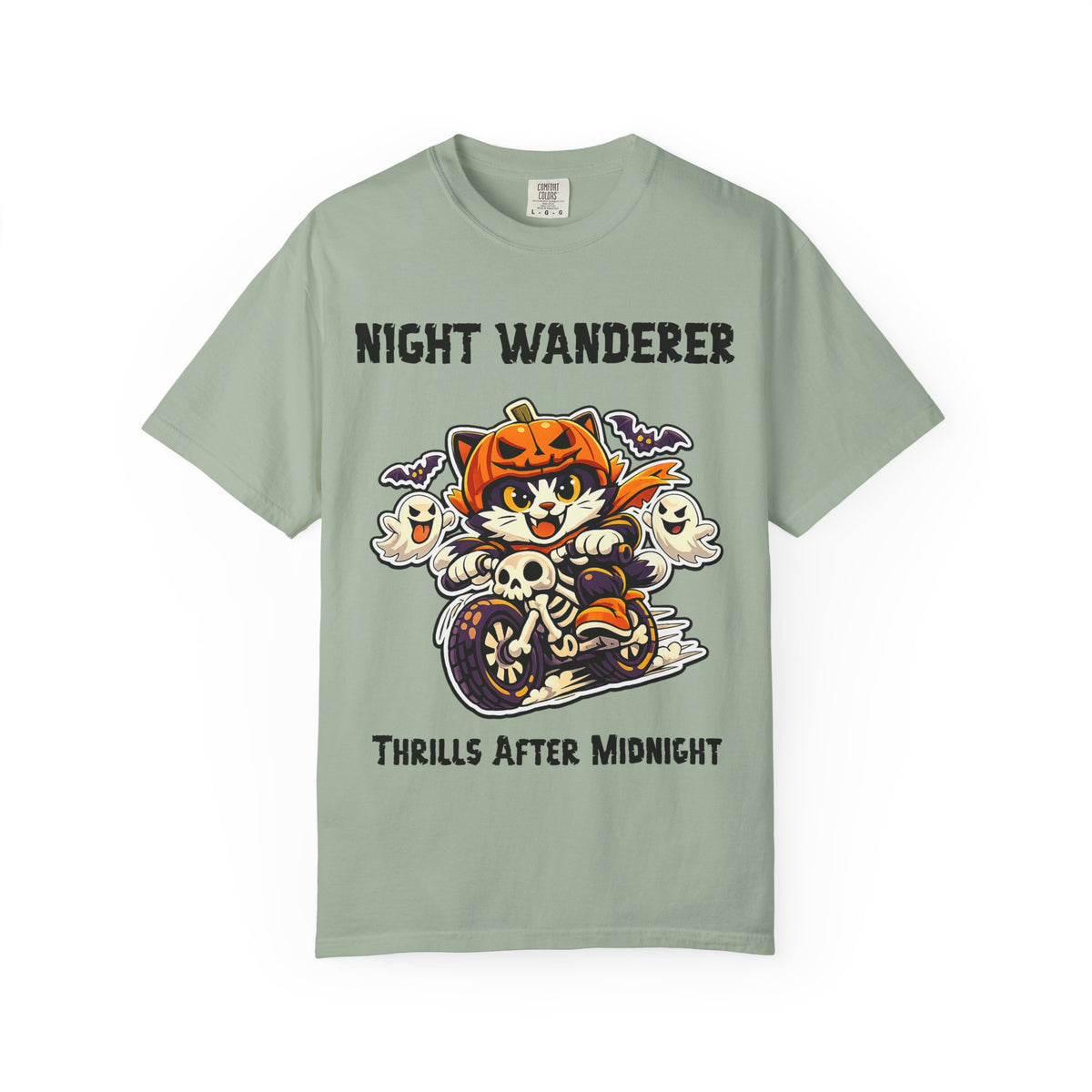 Thrills After Midnight Halloween T-Shirt | Cat on Motorcycle Shirt | Halloween Pumpkin Ghosts t-shirt | Night Wanderer Club