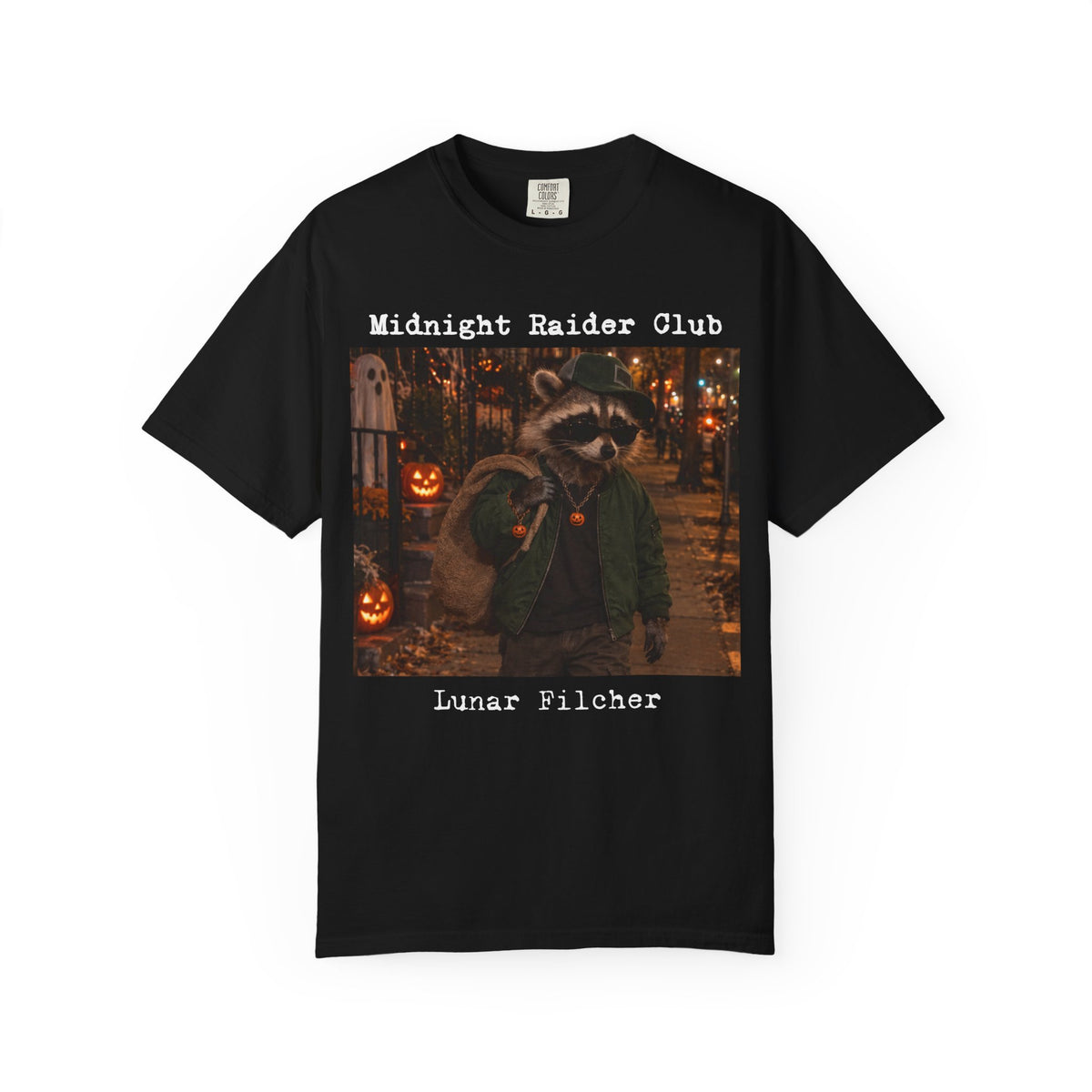 Midnight Raider Club Lunar Pilcher T-shirt | Halloween Raccoon Night Scene