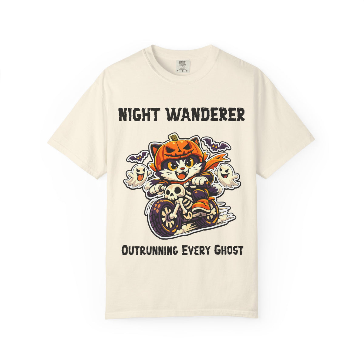 Comfort Color Outrunning Every Ghost Halloween T-Shirt | Cat on Motorcycle Shirt | Halloween Pumpkin Ghosts t-shirt | Night Wanderer Club