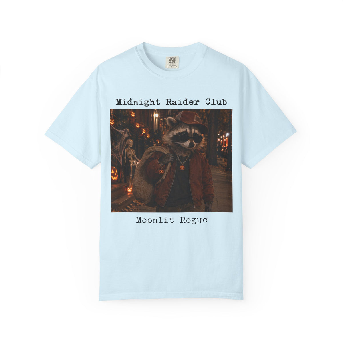 Midnight Raider Club Moonlit Rogue T-shirt | Raccoon Halloween Street Scene