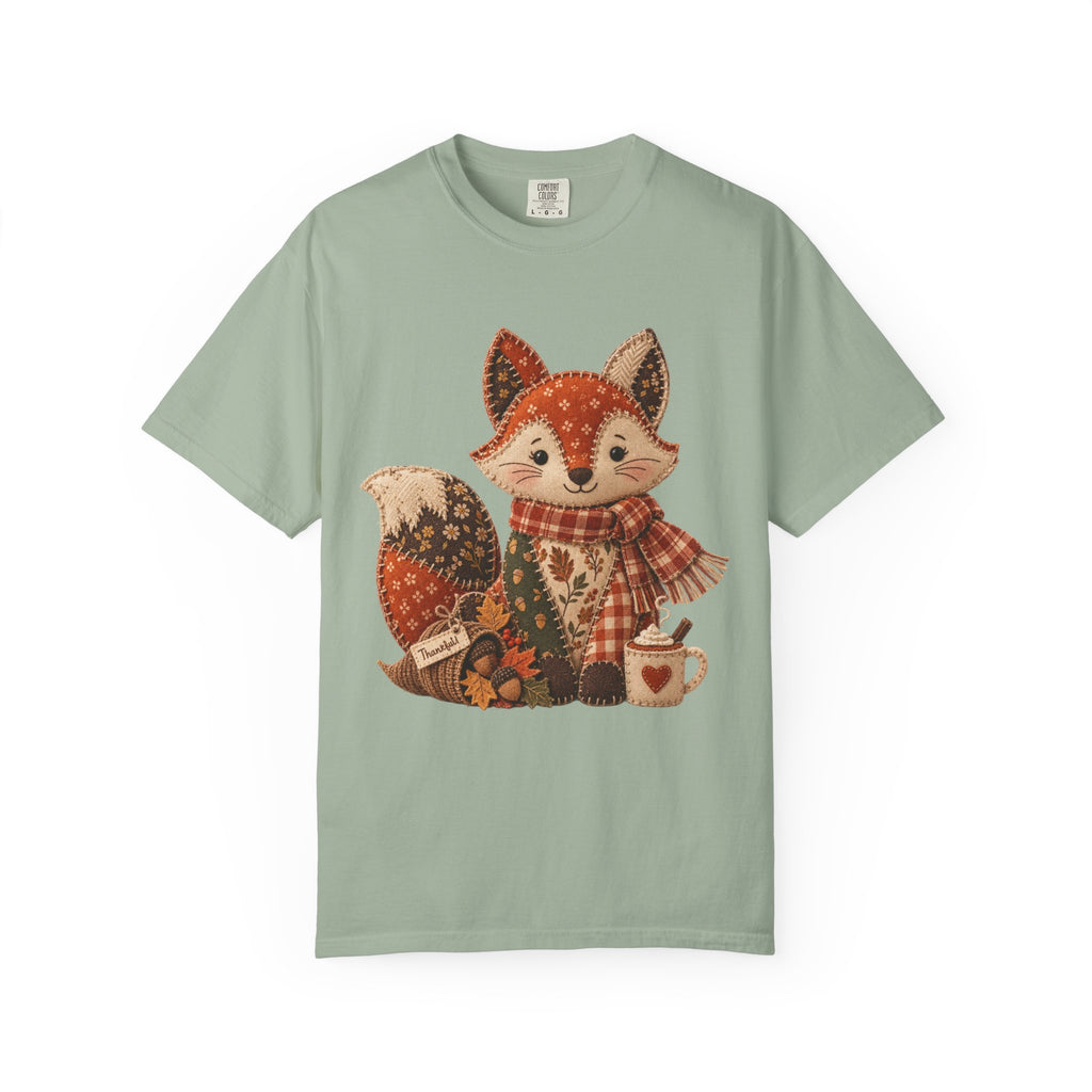 Faux Patchwork Fall Fox Sweatshirt, Comfort Colors Autumn Thanksgiving Shirt, Women Crewneck Sweater, Pumpkin Scarf Fox Not Embroidery