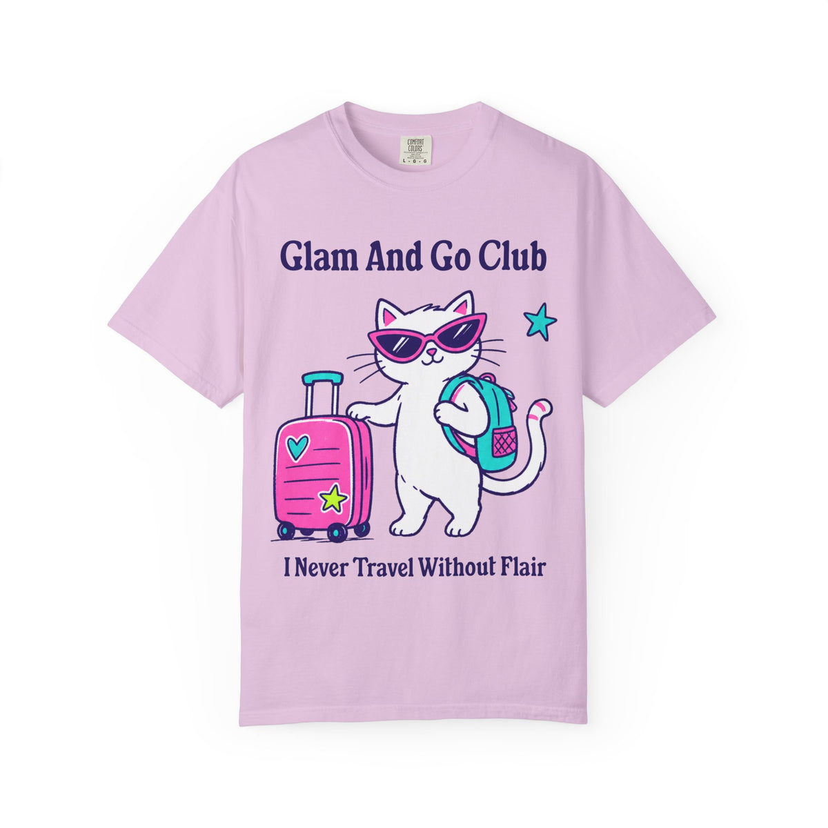 Comfort Colors® I Never Travel Without Flair Shirt | Cute Travel Kitty Tee, Luggage Illustration | Glam And Go Club Cat Graphic T-shirt