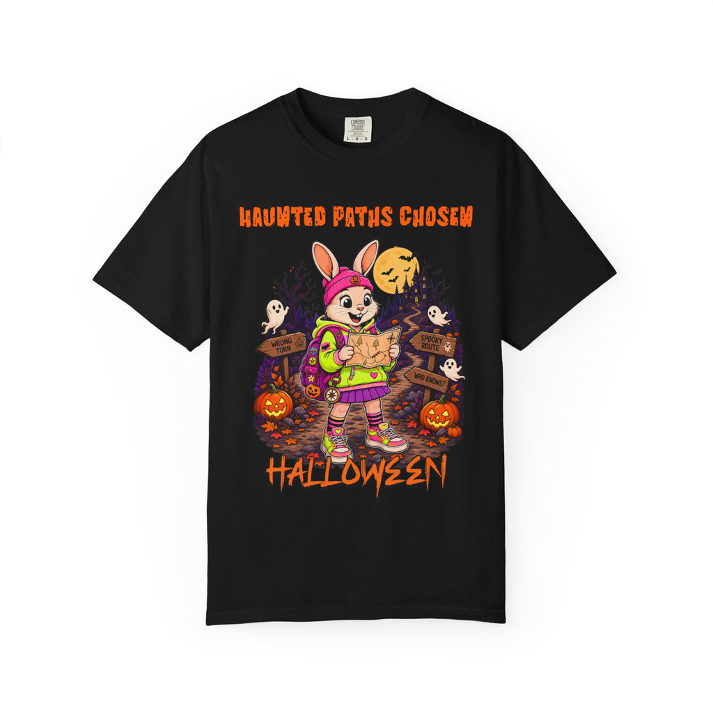 Haunted Paths Chosen bunny trick-or-treater Halloween T-shirt | pumpkin graveyard spooky design