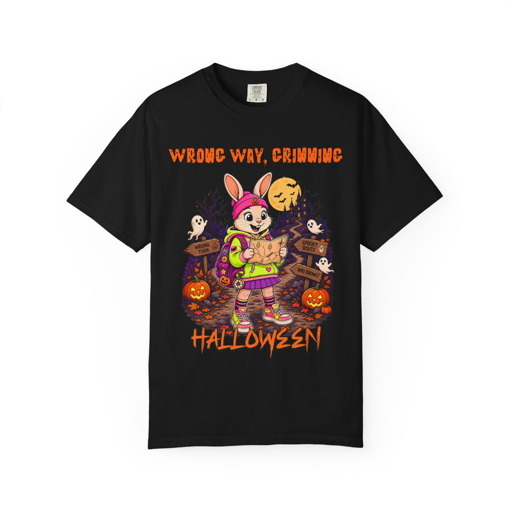 Wrong Way Crimming Halloween Bunny T-shirt | Cartoon Trick-or-Treat Scene