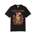 Wrong Way Crimming Halloween Bunny T-shirt | Cartoon Trick-or-Treat Scene