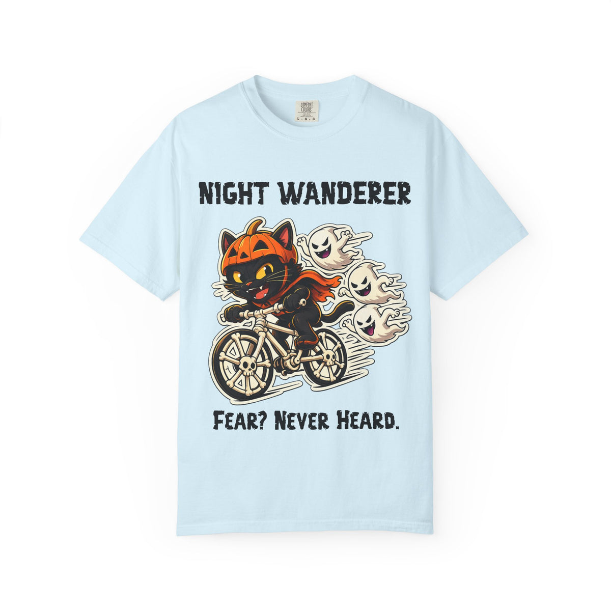 Comfort Color Fear Never Heard Halloween T-Shirt | Cat on Bike Shirt | Halloween Pumpkin Ghosts t-shirt | Night Wanderer Club