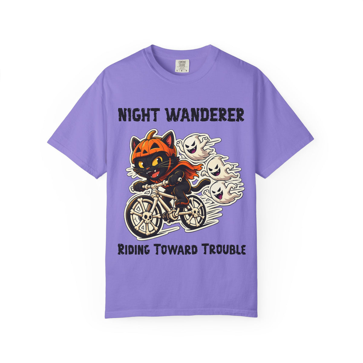 Comfort Color Riding Toward Trouble Halloween T-Shirt | Cat on Bike Shirt | Halloween Pumpkin Ghosts t-shirt | Night Wanderer Club
