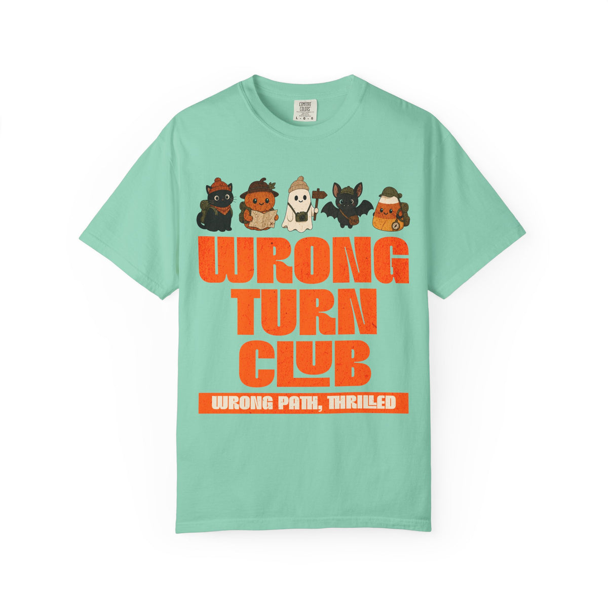 Wrong Turn Club graphic T-shirt | cute Halloween monsters, orange retro type