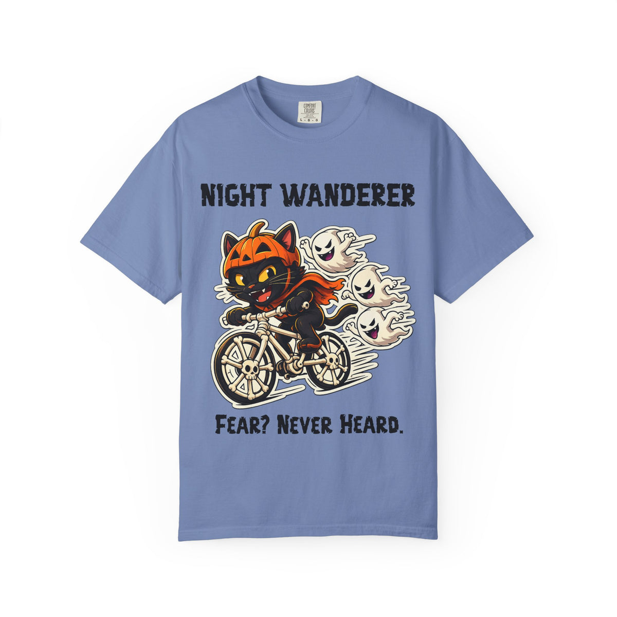 Comfort Color Fear Never Heard Halloween T-Shirt | Cat on Bike Shirt | Halloween Pumpkin Ghosts t-shirt | Night Wanderer Club
