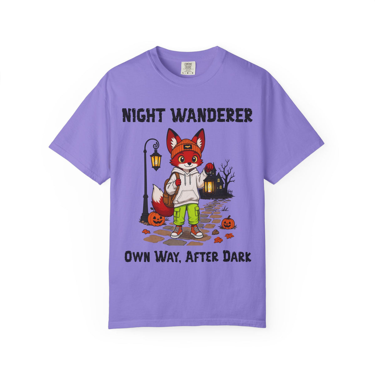 Night Wanderer Fox Illustration T-Shirt | Halloween Night Street Scene
