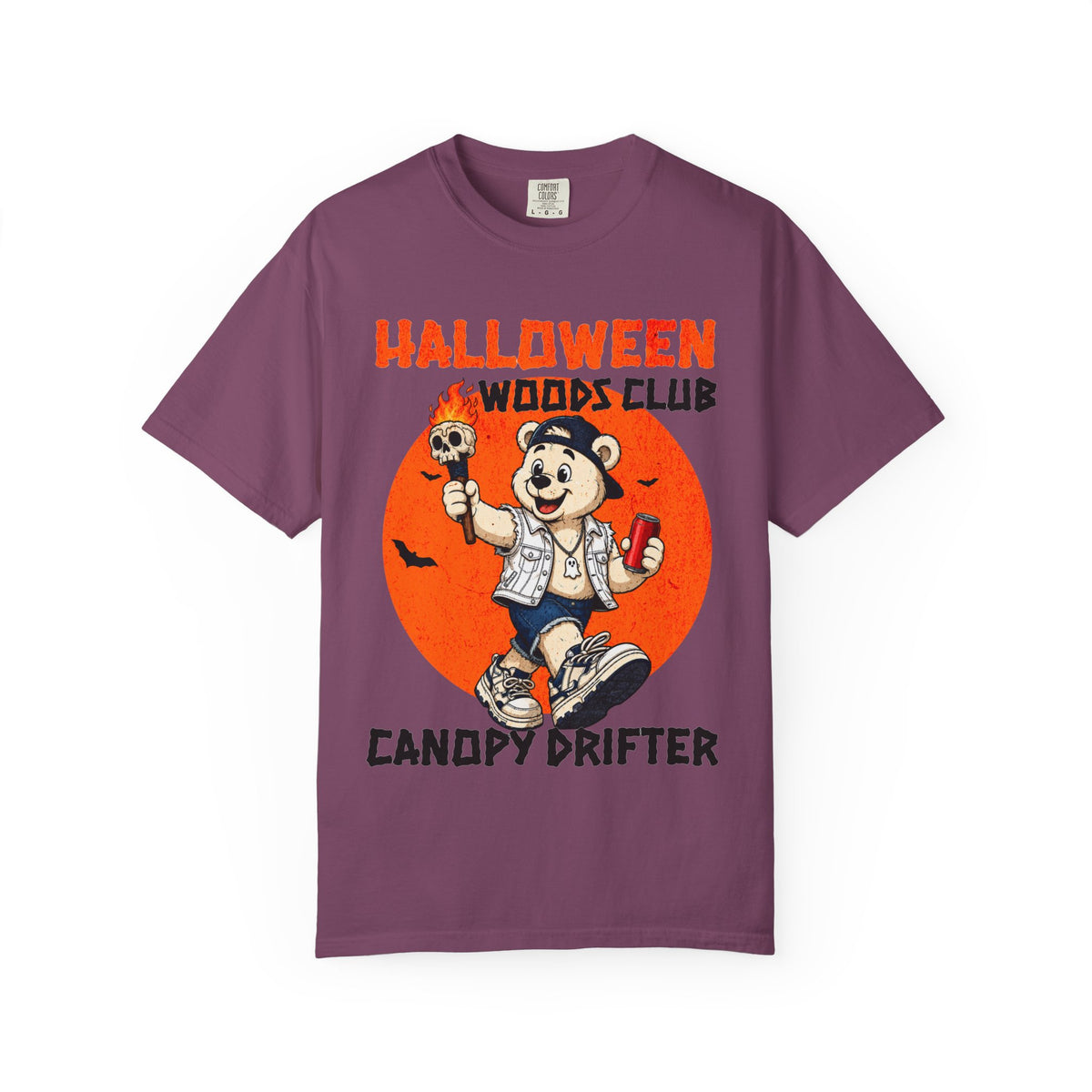 Halloween Woods Club Canopy Drifter T-Shirt | Retro Bear Trick-or-Treat Design
