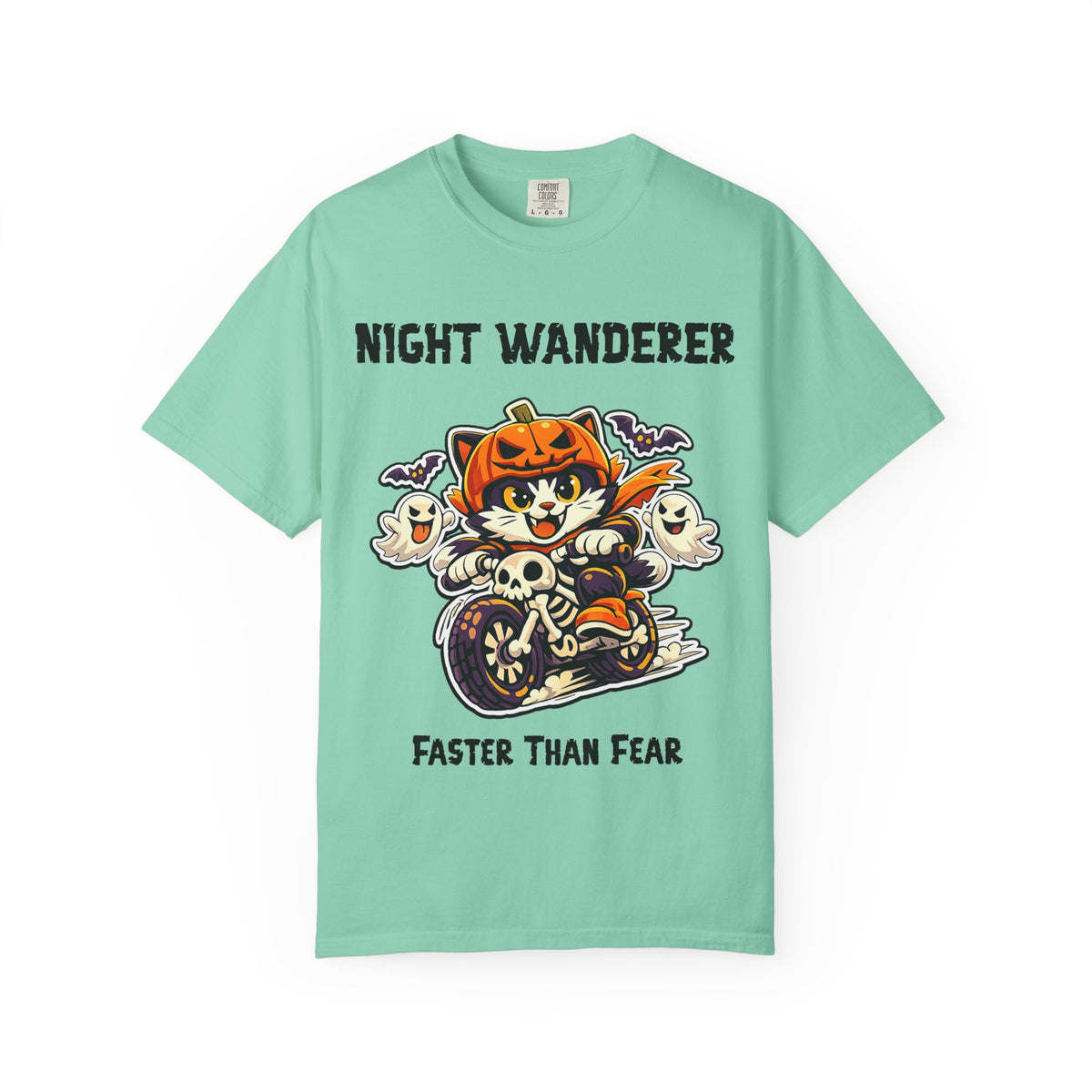 Comfort Color Faster Than Fear Halloween T-Shirt | Cat on Motorcycle Shirt | Halloween Pumpkin Ghosts t-shirt | Night Wanderer Club