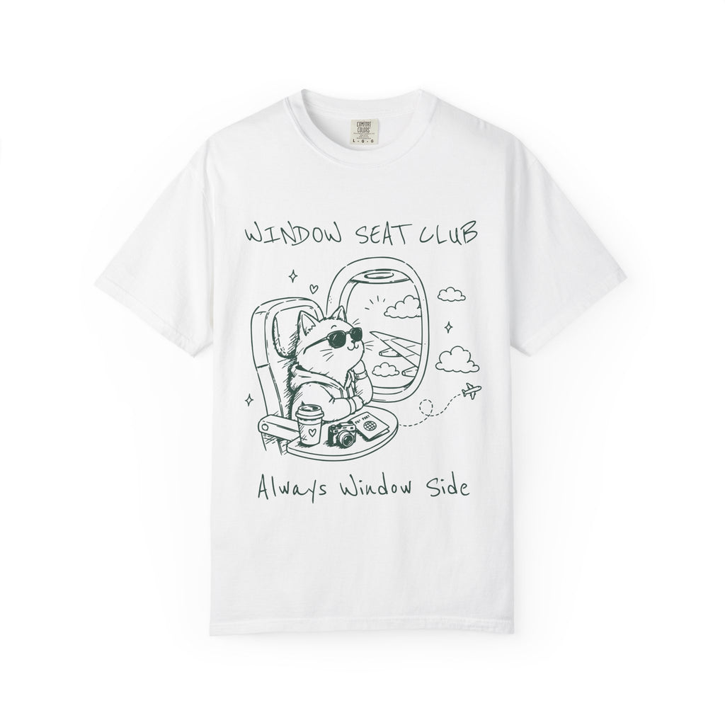Window Seat Club cat sketch T-shirt | airplane window illustration