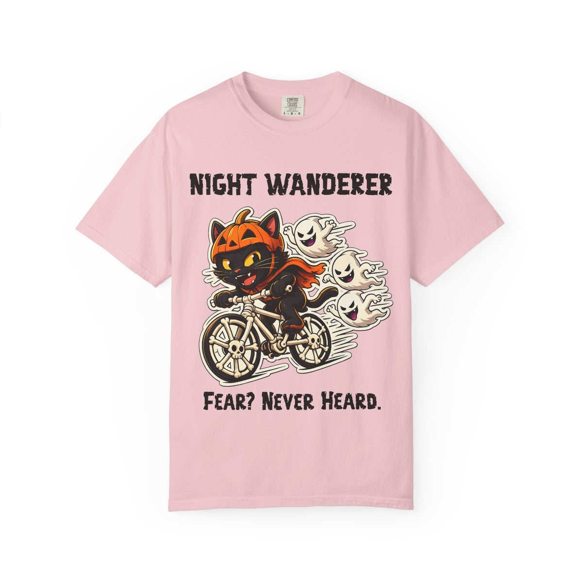 Comfort Color Fear Never Heard Halloween T-Shirt | Cat on Bike Shirt | Halloween Pumpkin Ghosts t-shirt | Night Wanderer Club