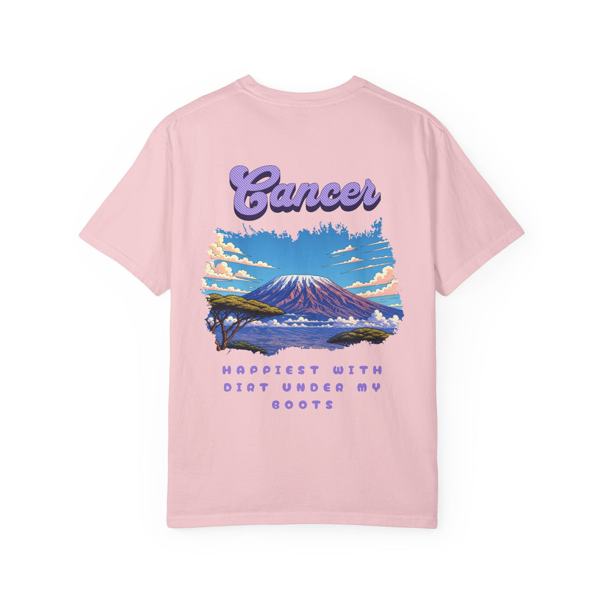 Cancer Zodiac Mountain Scene Back Design T-Shirt | Happiest With Dirt Under My Boots