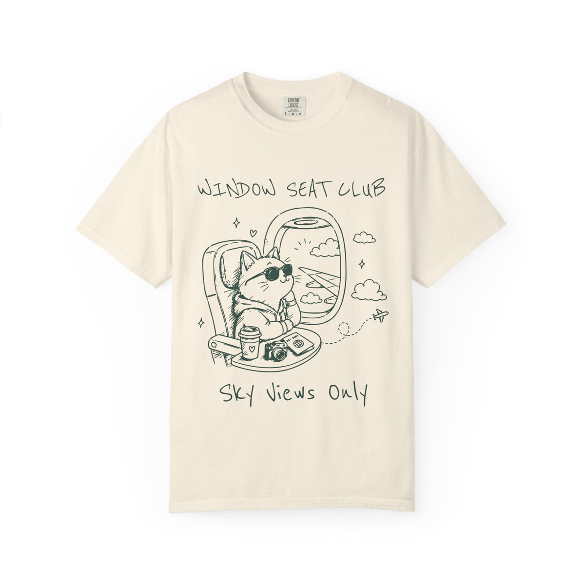 Window Seat Club Cat T-shirt | Airplane Window Illustration, Sky Views Only