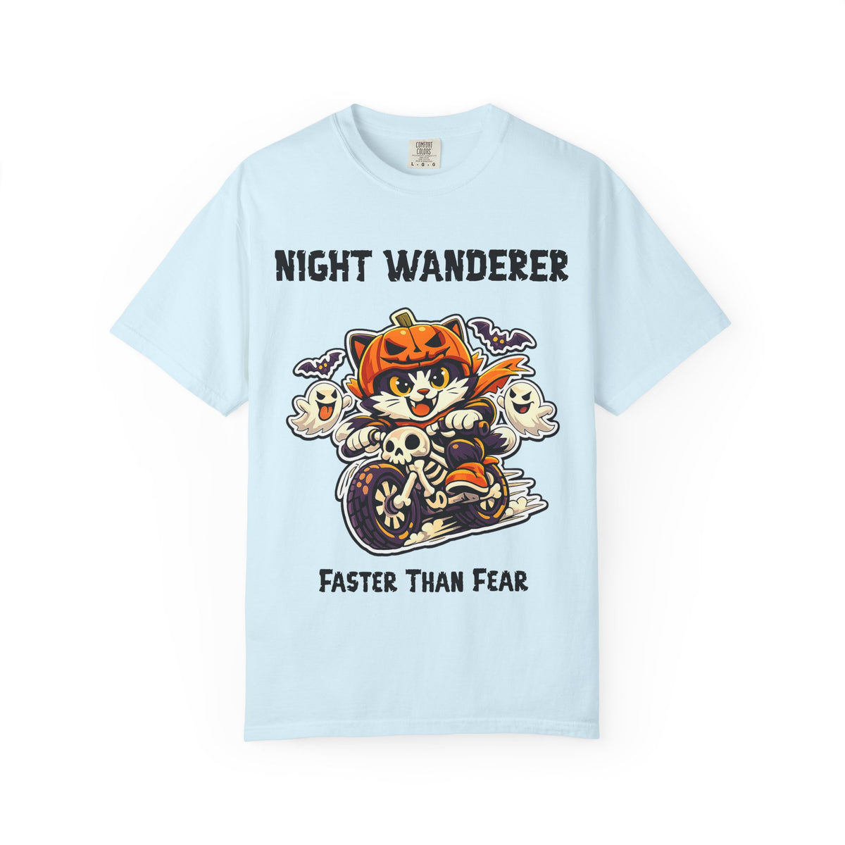 Comfort Color Faster Than Fear Halloween T-Shirt | Cat on Motorcycle Shirt | Halloween Pumpkin Ghosts t-shirt | Night Wanderer Club