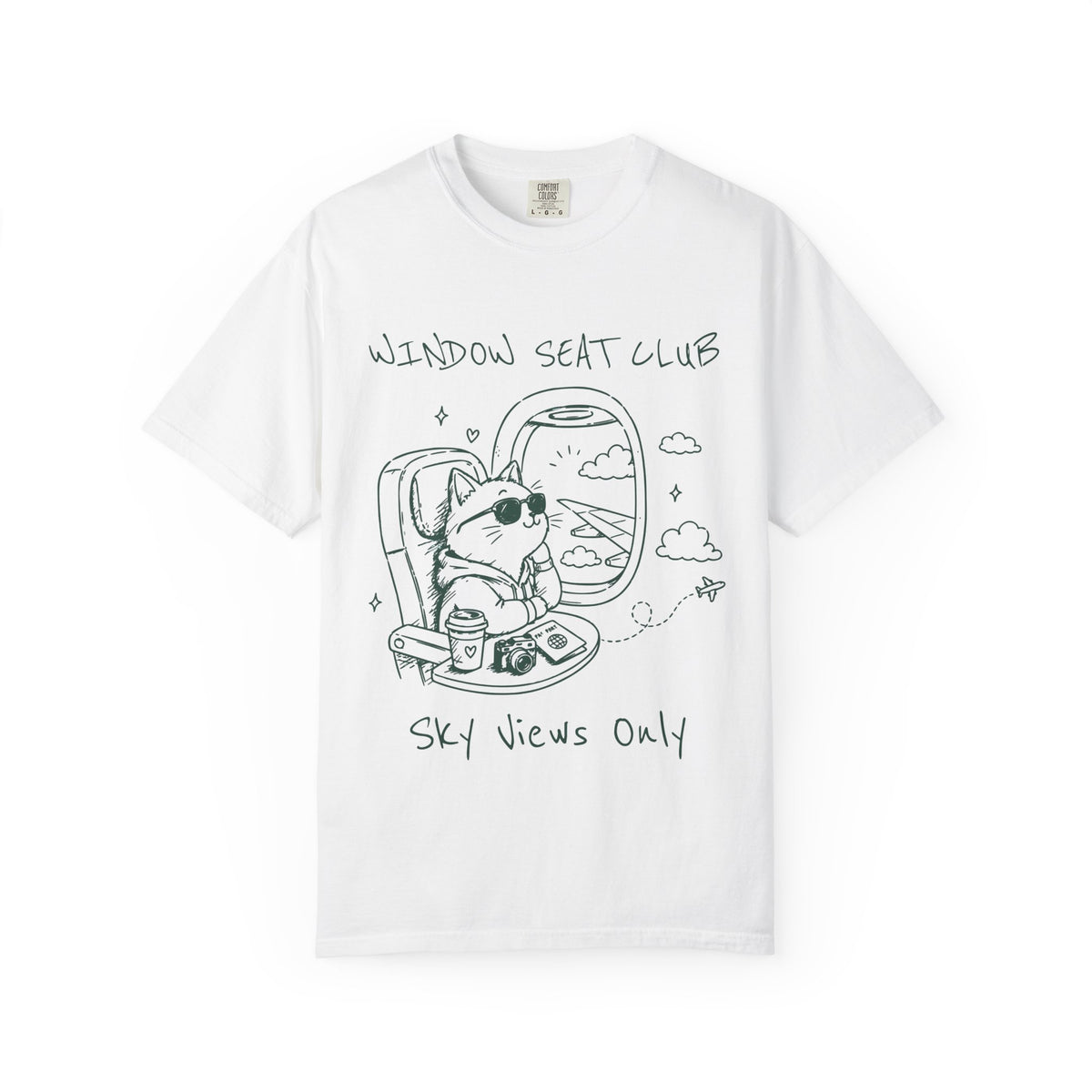Window Seat Club Cat T-shirt | Airplane Window Illustration, Sky Views Only