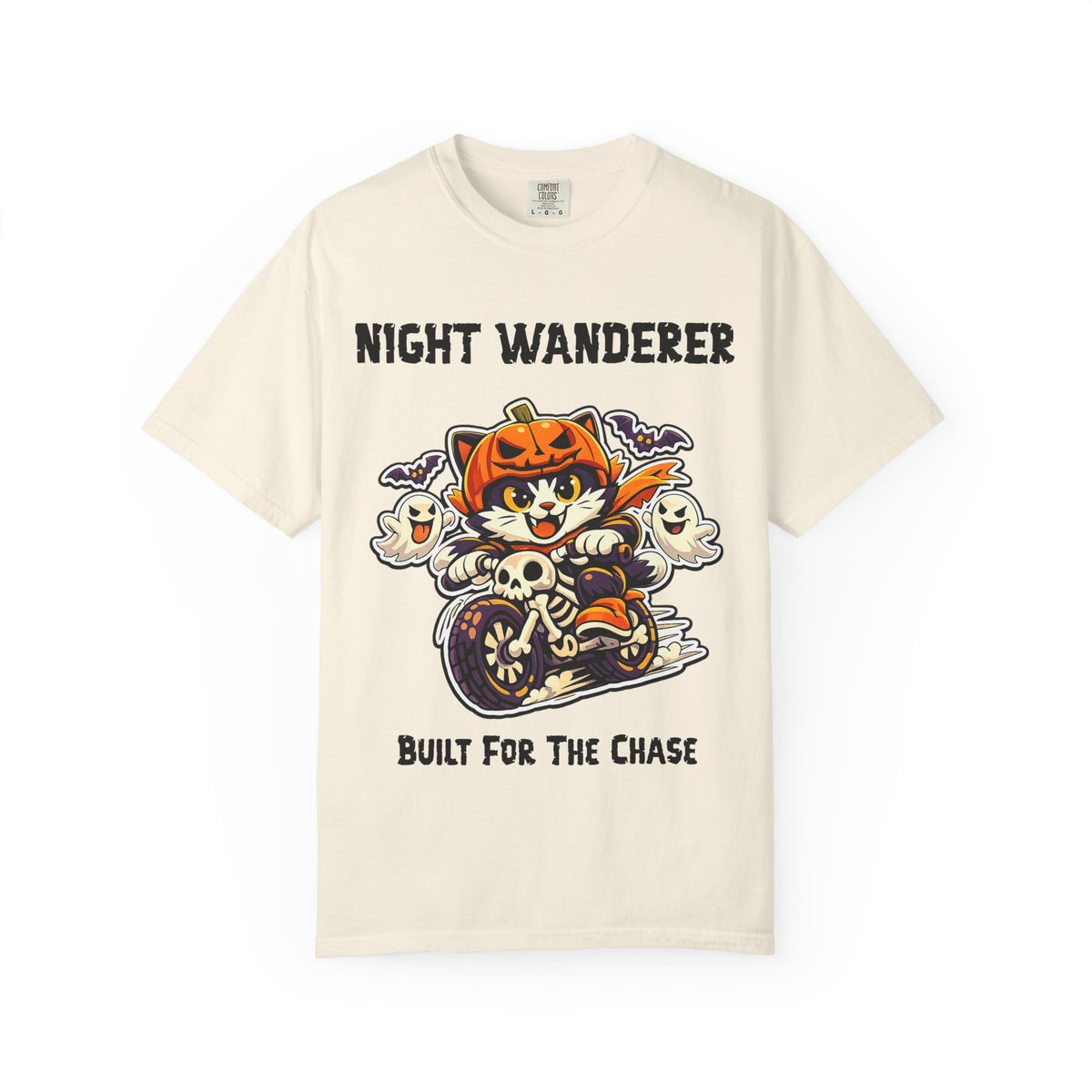 Built For the Chase Halloween T-Shirt | Cat on Motorcycle Shirt | Halloween Pumpkin Ghosts t-shirt | Night Wanderer Club