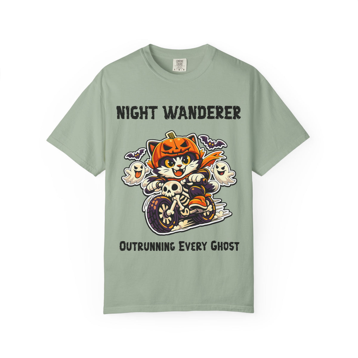 Comfort Color Outrunning Every Ghost Halloween T-Shirt | Cat on Motorcycle Shirt | Halloween Pumpkin Ghosts t-shirt | Night Wanderer Club