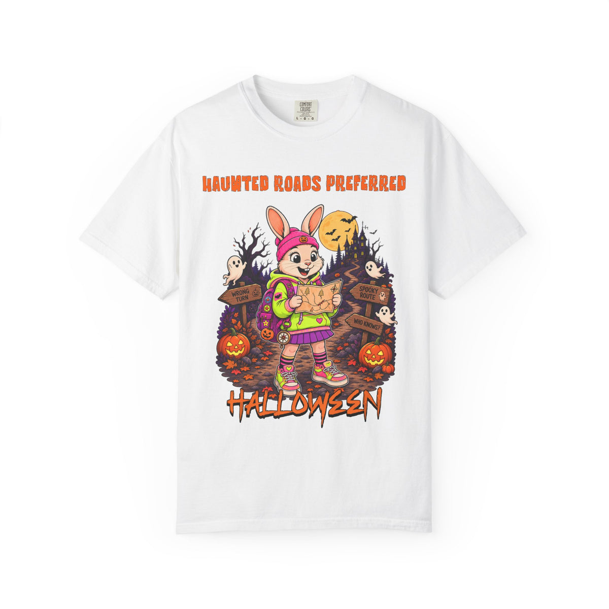 Bunny Trick-or-Treat Halloween T-shirt | Haunted Roads Preferred, Pumpkin Scene
