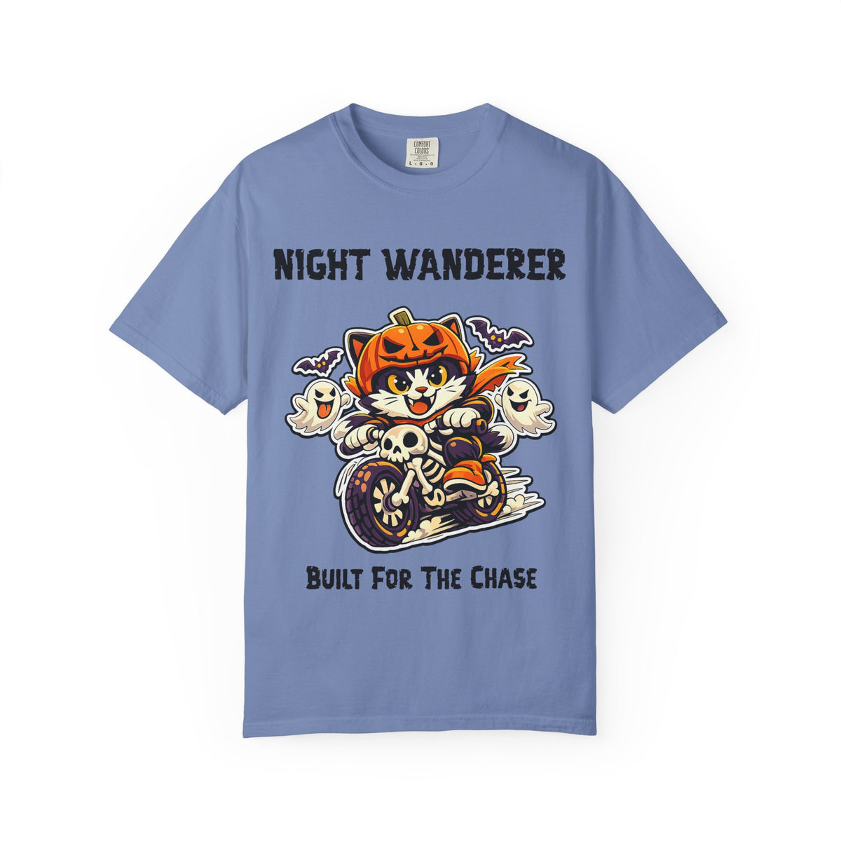 Built For the Chase Halloween T-Shirt | Cat on Motorcycle Shirt | Halloween Pumpkin Ghosts t-shirt | Night Wanderer Club