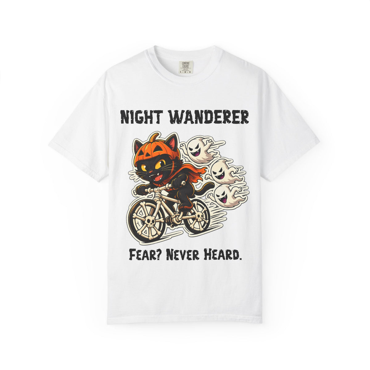 Comfort Color Fear Never Heard Halloween T-Shirt | Cat on Bike Shirt | Halloween Pumpkin Ghosts t-shirt | Night Wanderer Club