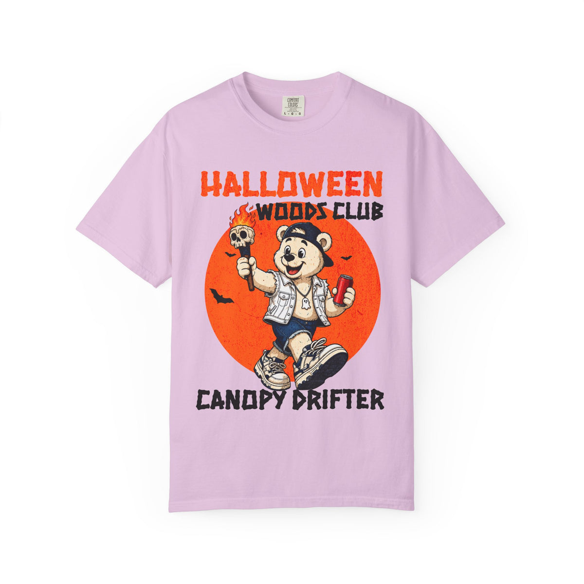 Halloween Woods Club Canopy Drifter T-Shirt | Retro Bear Trick-or-Treat Design