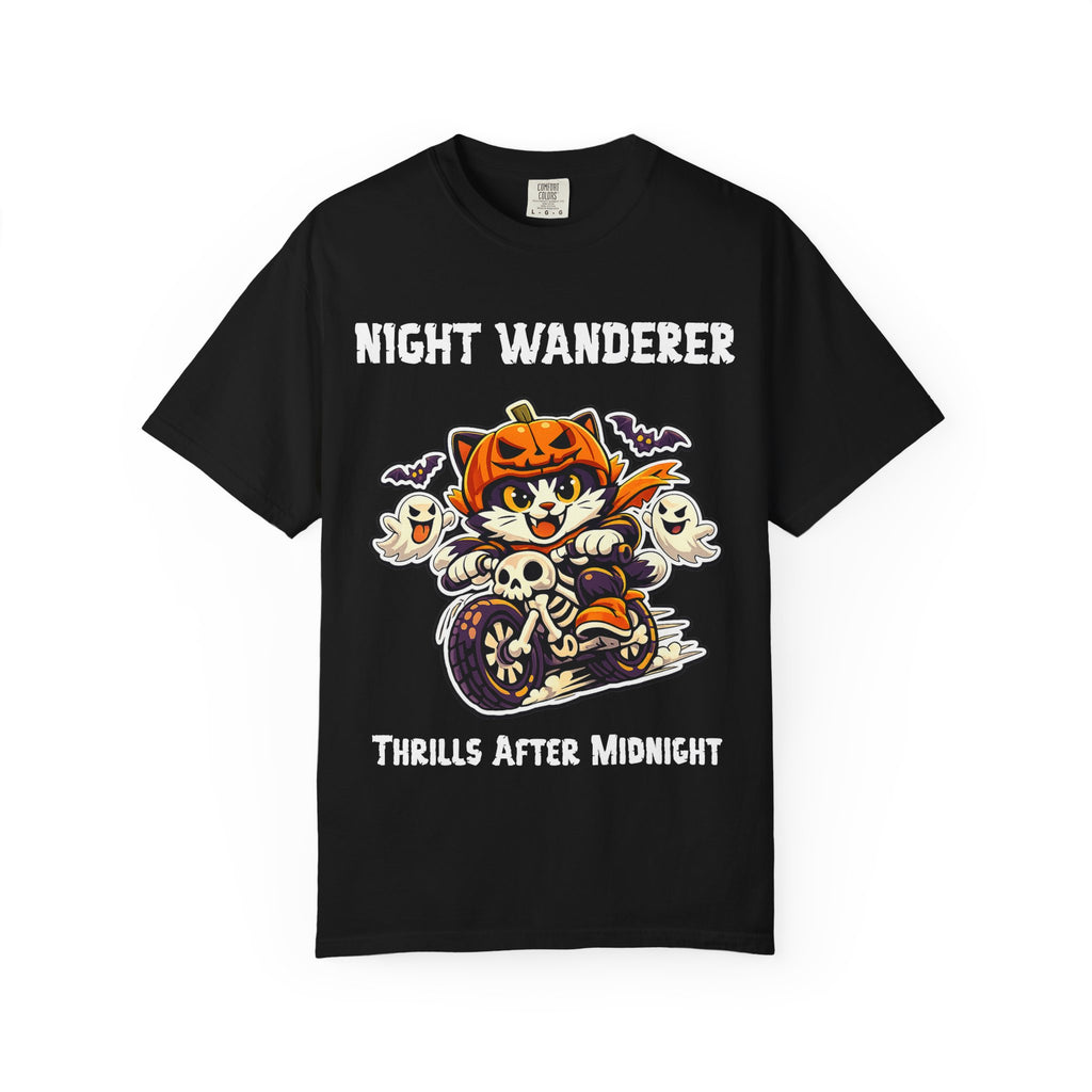 Thrills After Midnight Halloween T-Shirt | Cat on Motorcycle Shirt | Halloween Pumpkin Ghosts t-shirt | Night Wanderer Club