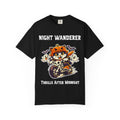 Thrills After Midnight Halloween T-Shirt | Cat on Motorcycle Shirt | Halloween Pumpkin Ghosts t-shirt | Night Wanderer Club
