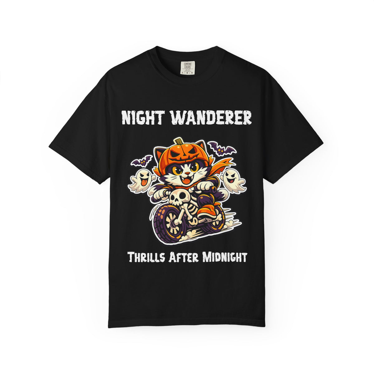 Thrills After Midnight Halloween T-Shirt | Cat on Motorcycle Shirt | Halloween Pumpkin Ghosts t-shirt | Night Wanderer Club