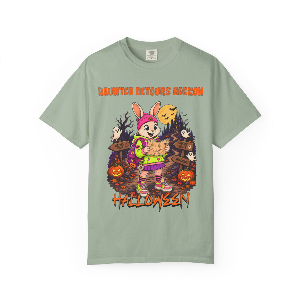 Haunted Detours Bunny Trick-or-Treat T-Shirt | Halloween Pumpkin Spooky Scene