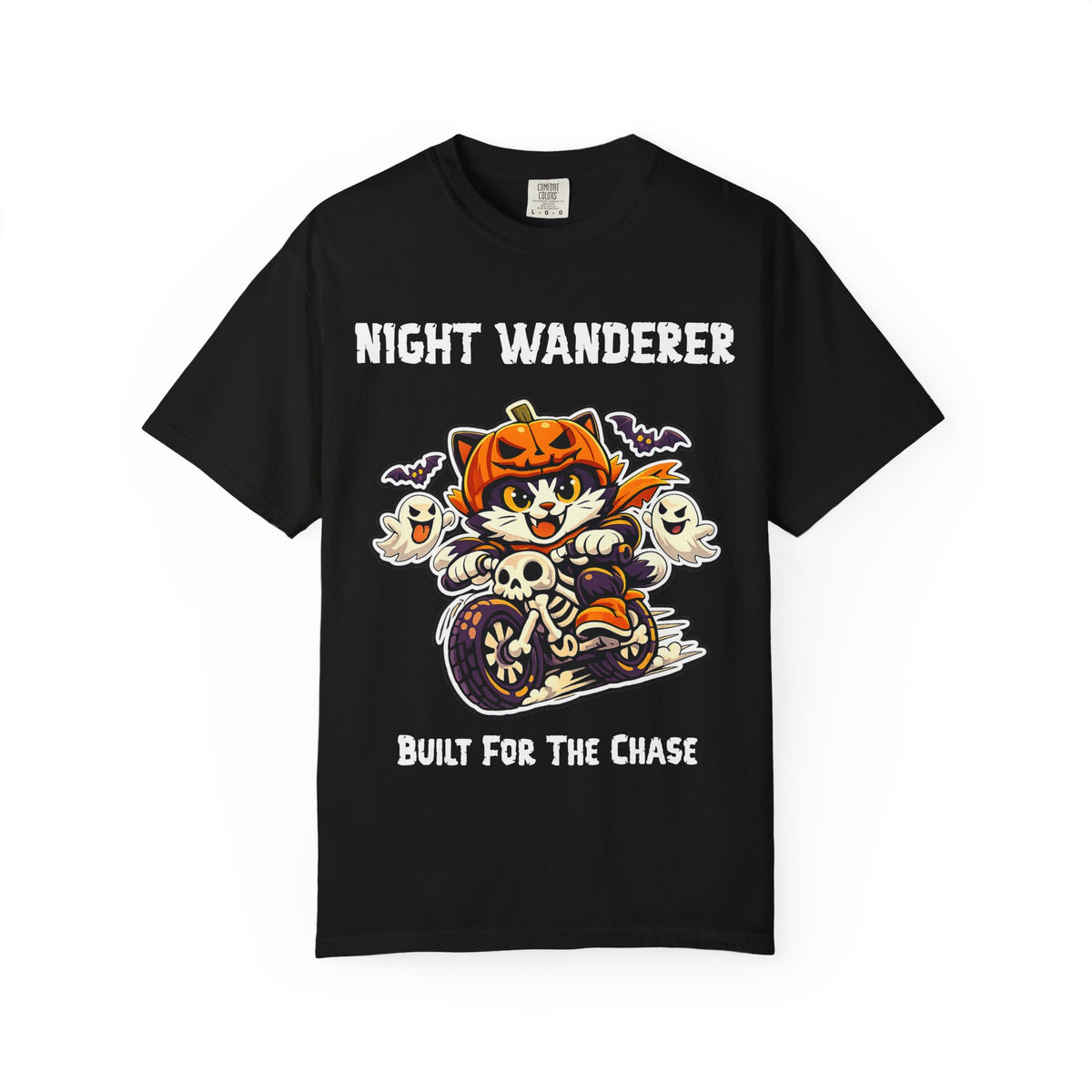 Built For the Chase Halloween T-Shirt | Cat on Motorcycle Shirt | Halloween Pumpkin Ghosts t-shirt | Night Wanderer Club
