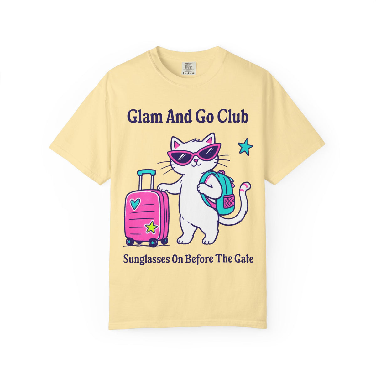 Comfort Colors® Sunglasses On Before The Gate Shirt | Cute Travel Kitty Tee, Luggage Illustration | Glam And Go Club Cat T-shirt