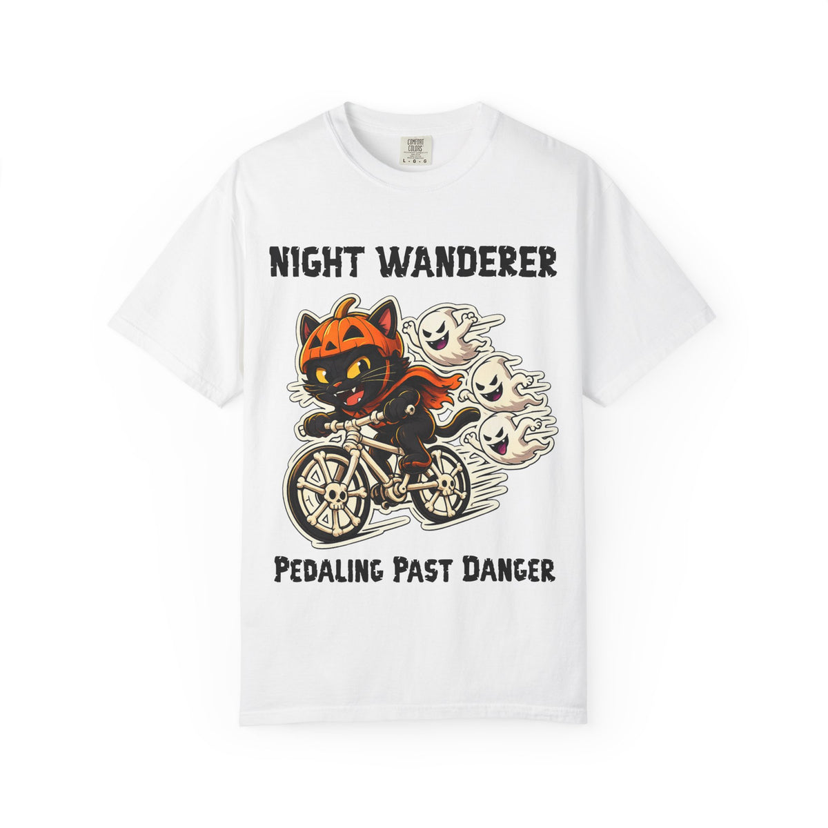 Pedaling Past Danger Halloween T-Shirt | Cat on Bike Shirt | Halloween Pumpkin Ghosts t-shirt | Night Wanderer Club