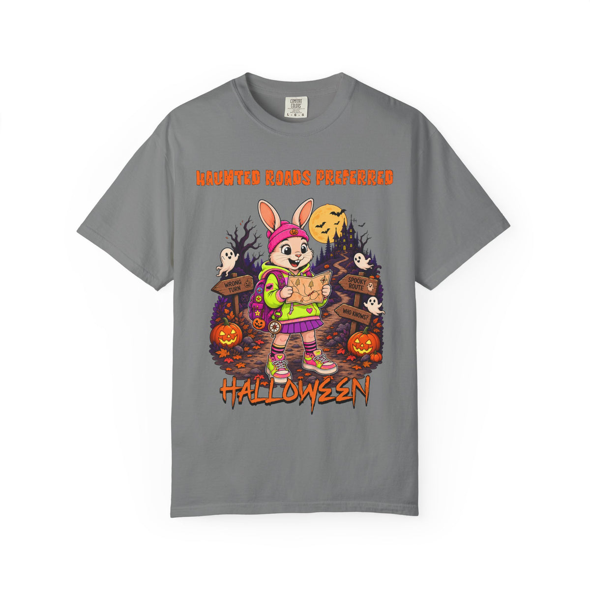 Bunny Trick-or-Treat Halloween T-shirt | Haunted Roads Preferred, Pumpkin Scene