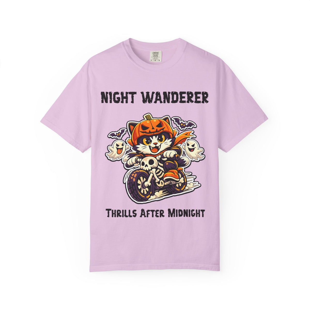 Thrills After Midnight Halloween T-Shirt | Cat on Motorcycle Shirt | Halloween Pumpkin Ghosts t-shirt | Night Wanderer Club