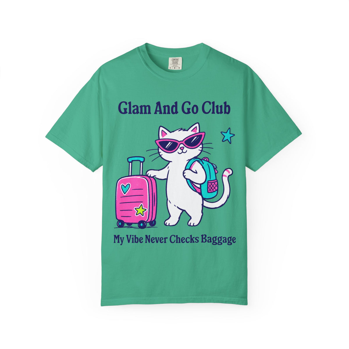 Comfort Colors® My Vibe Never Checks Baggage Shirt | Cute Travel Kitty Tee, Luggage Illustration | Glam And Go Club Cat T-shirt