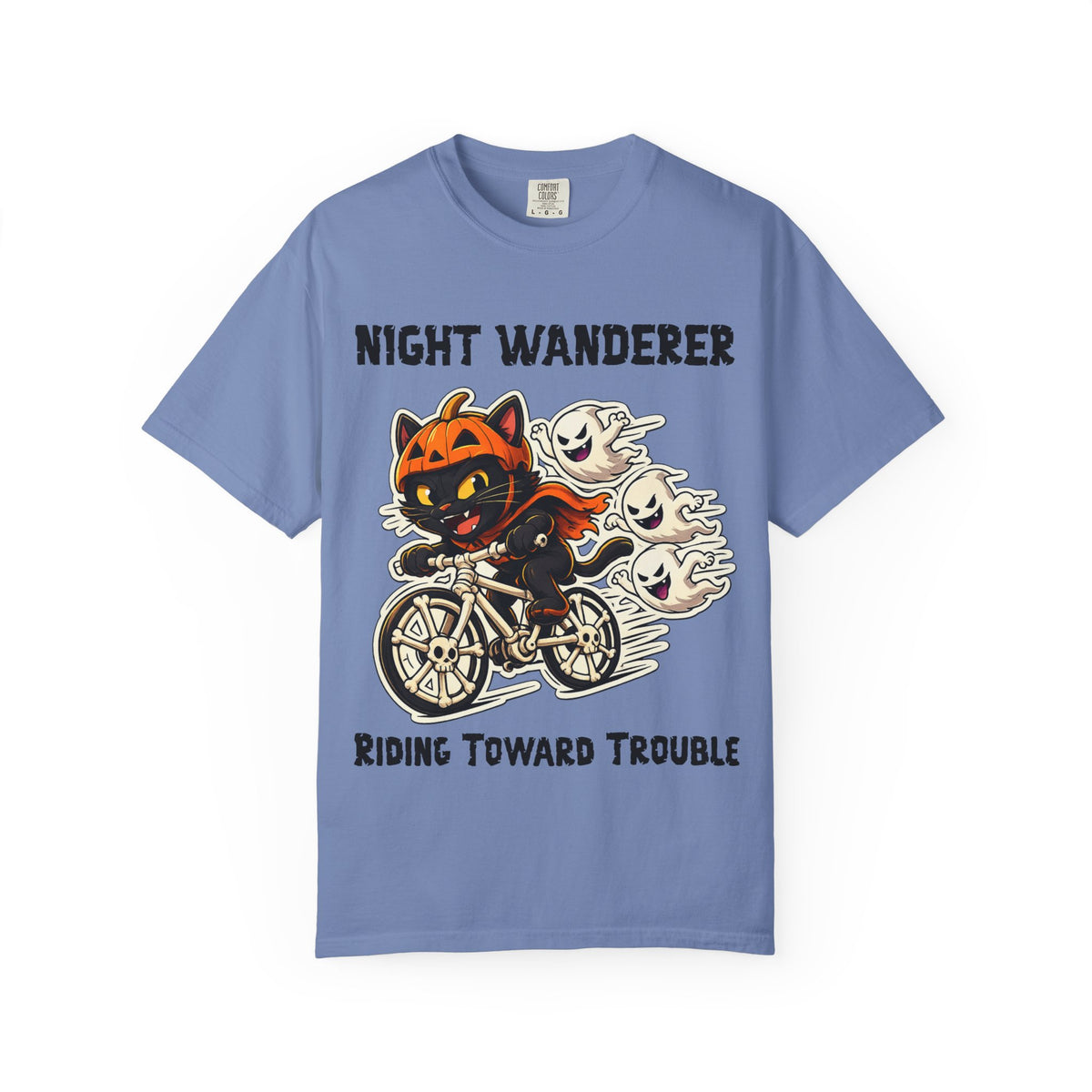Comfort Color Riding Toward Trouble Halloween T-Shirt | Cat on Bike Shirt | Halloween Pumpkin Ghosts t-shirt | Night Wanderer Club