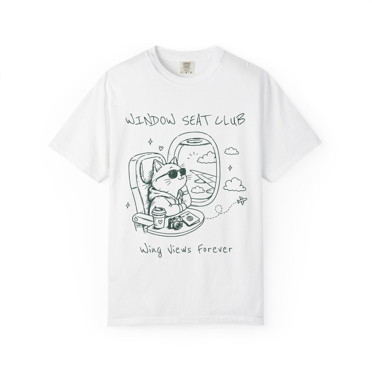 Window Seat Club cat illustration T-Shirt | airplane window, travel vibes
