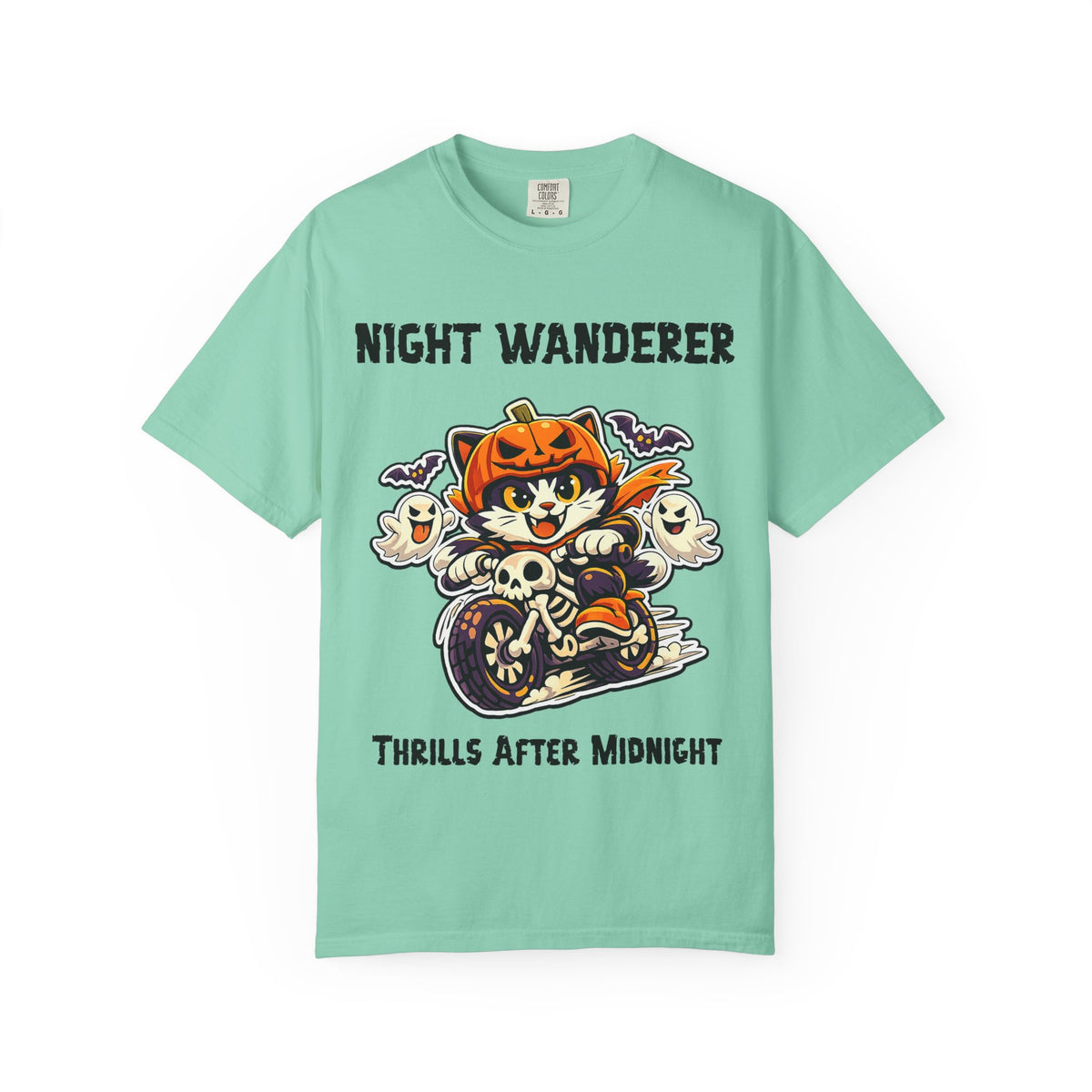 Thrills After Midnight Halloween T-Shirt | Cat on Motorcycle Shirt | Halloween Pumpkin Ghosts t-shirt | Night Wanderer Club