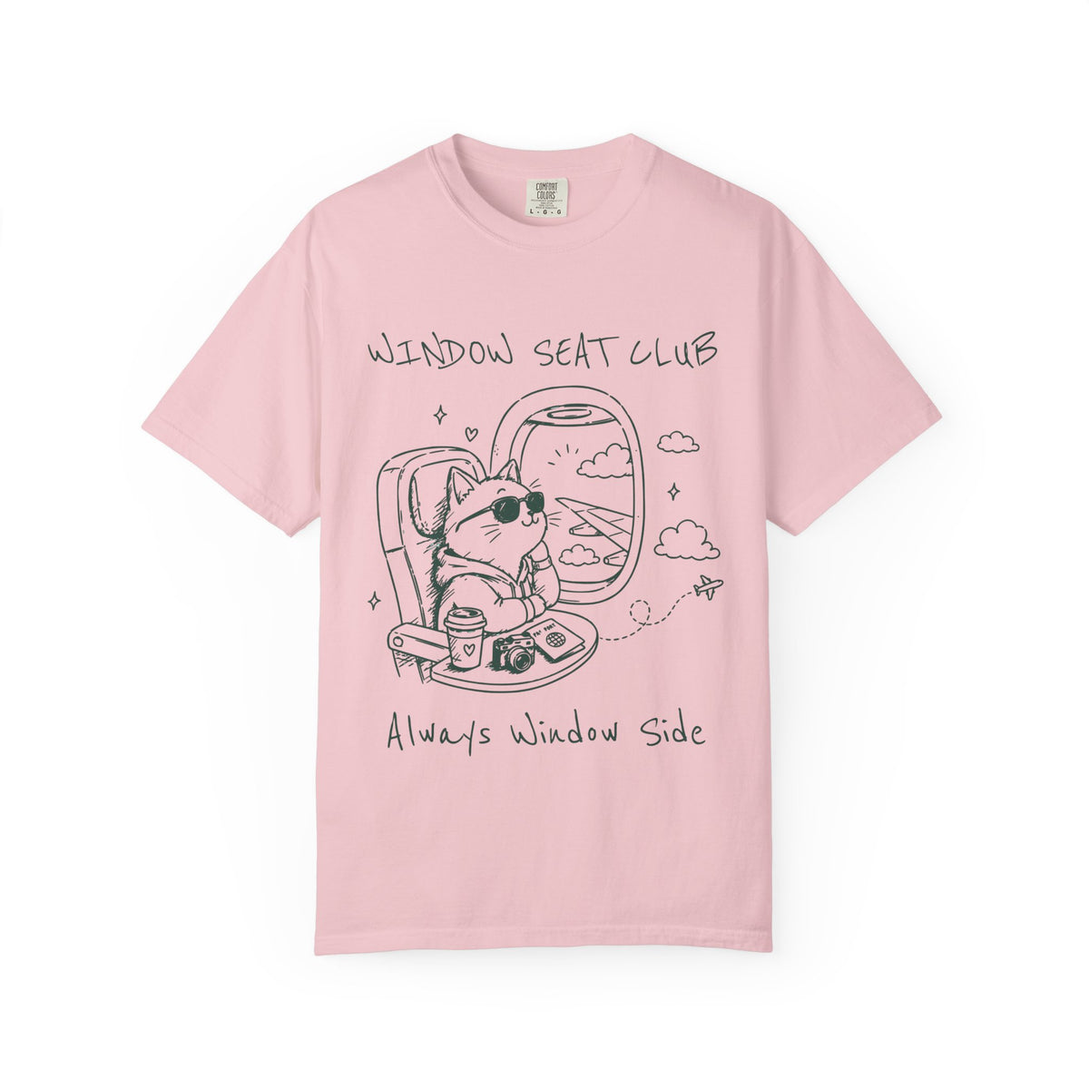 Window Seat Club cat sketch T-shirt | airplane window illustration