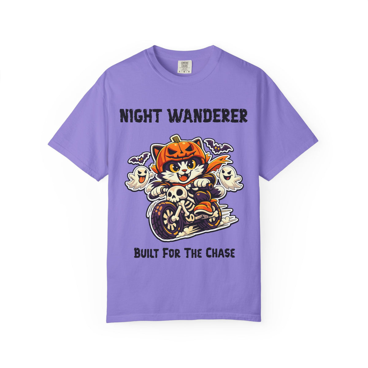 Built For the Chase Halloween T-Shirt | Cat on Motorcycle Shirt | Halloween Pumpkin Ghosts t-shirt | Night Wanderer Club