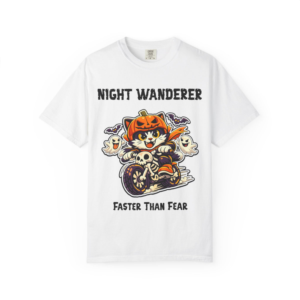 Comfort Color Faster Than Fear Halloween T-Shirt | Cat on Motorcycle Shirt | Halloween Pumpkin Ghosts t-shirt | Night Wanderer Club