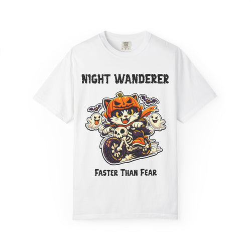 Comfort Color Faster Than Fear Halloween T-Shirt | Cat on Motorcycle Shirt | Halloween Pumpkin Ghosts t-shirt | Night Wanderer Club