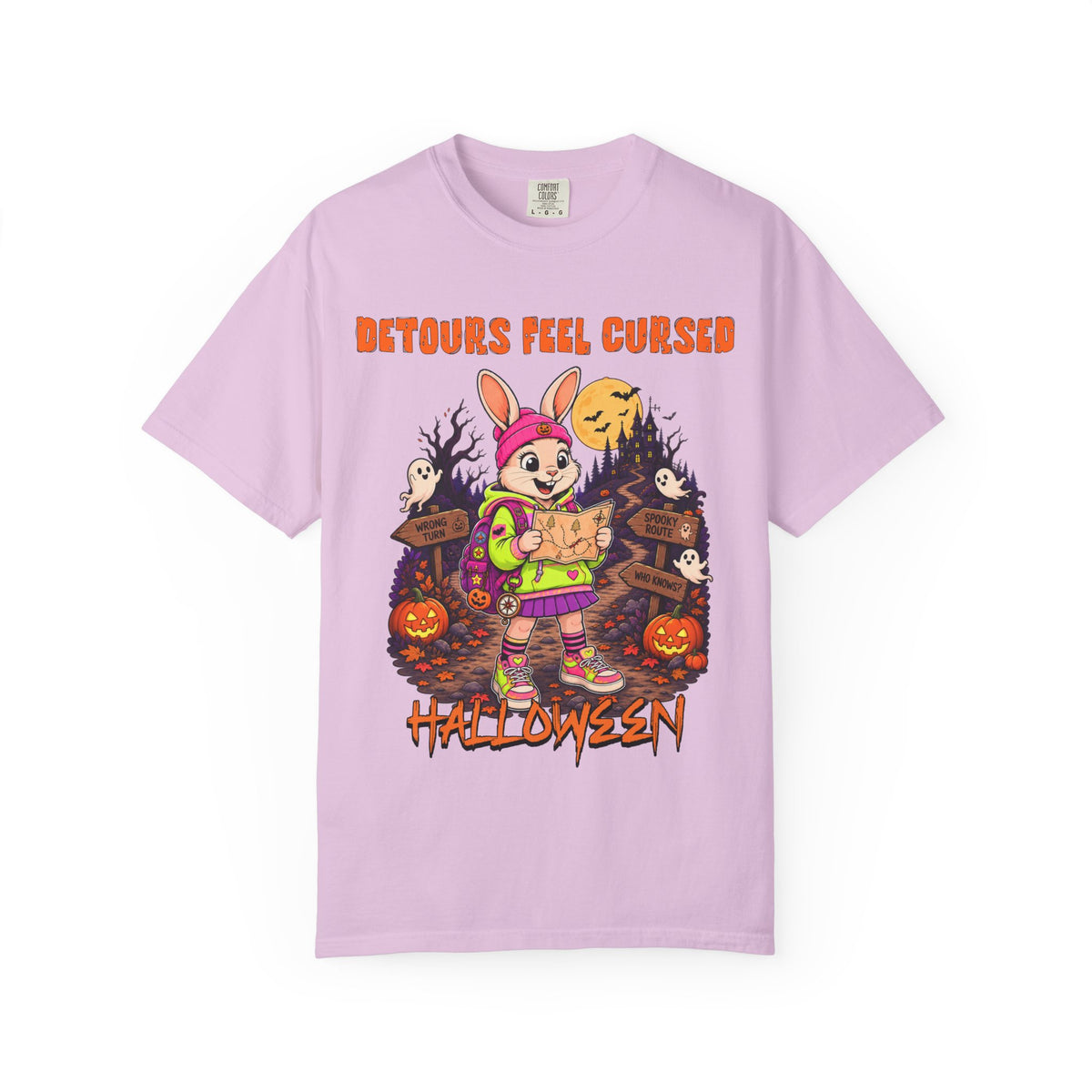 Detours Feel Cursed Halloween bunny character T-shirt | spooky pumpkin graveyard design