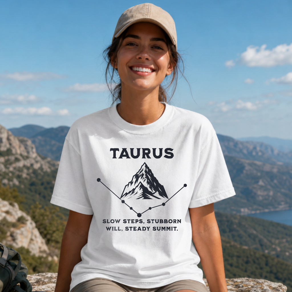 Taurus Mountain Illustration T-shirt | Zodiac Constellation, Steady Summit Quote