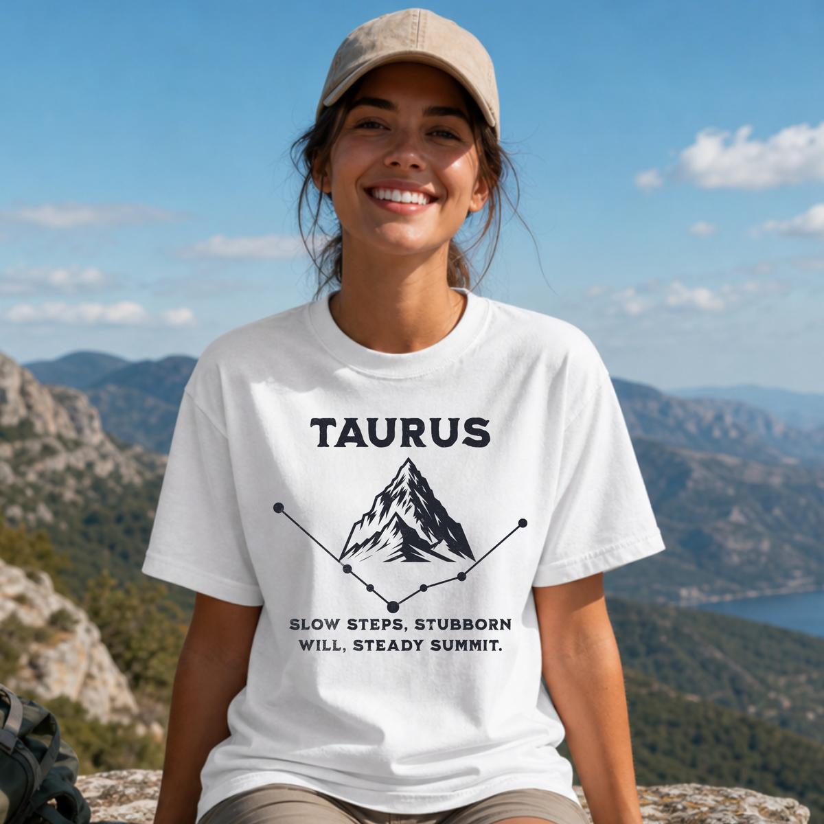 Taurus Mountain Illustration T-shirt | Zodiac Constellation, Steady Summit Quote